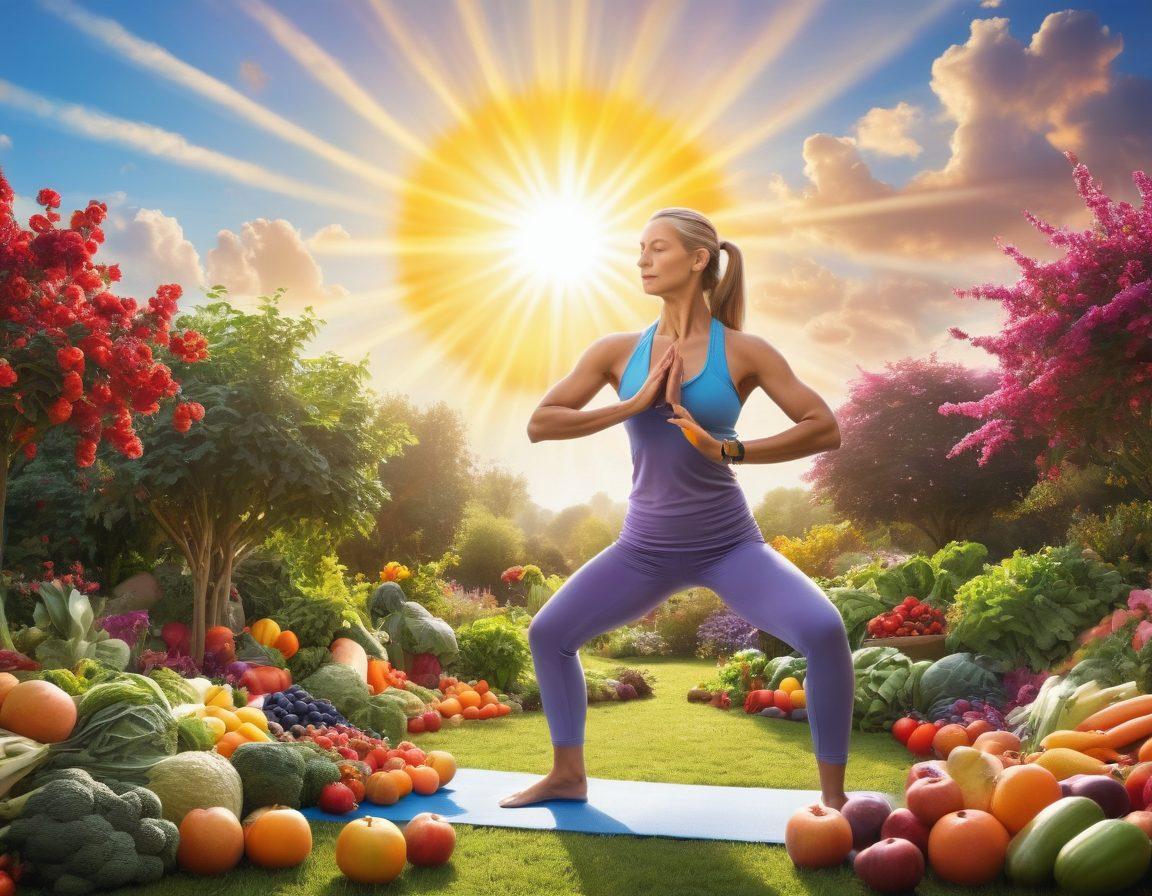 A resilient cancer survivor standing strong amidst a vibrant garden, surrounded by colorful fruits and vegetables symbolizing nutrition, while practicing yoga for mindfulness. The background features a bright sun and encouraging phrases written in the sky, representing empowerment and hope. super-realistic. vibrant colors. soft focus.