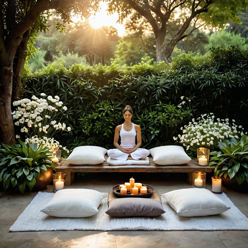A serene landscape featuring a peaceful meditation area with soft cushions and candles, surrounded by lush greenery and blooming flowers. Include a radiant sunrise in the background, symbolizing new beginnings, and a person engaging in yoga, embodying tranquility and balance. Elements of healthy food like fruits and herbs should be subtly placed to represent holistic lifestyle choices. warm colors, soft focus, nature-inspired, calming atmosphere.