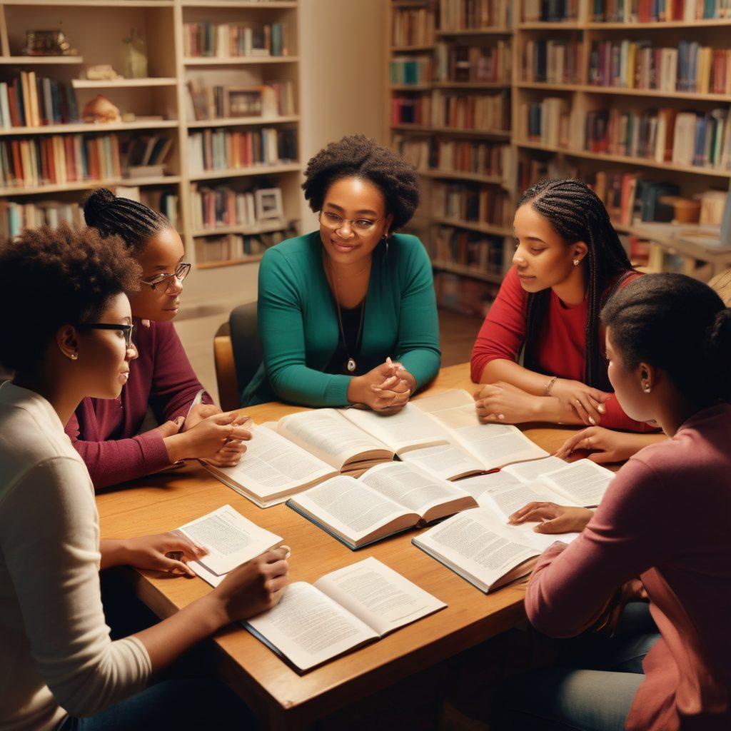 A diverse group of people engaged in a supportive discussion, surrounded by books and resources symbolizing knowledge, with a warm, inviting atmosphere. Incorporate visuals of advocacy tools like pamphlets and digital devices showing online support. The group includes individuals of different ages and backgrounds, showcasing unity and empowerment. vibrant colors. super-realistic. soft lighting.